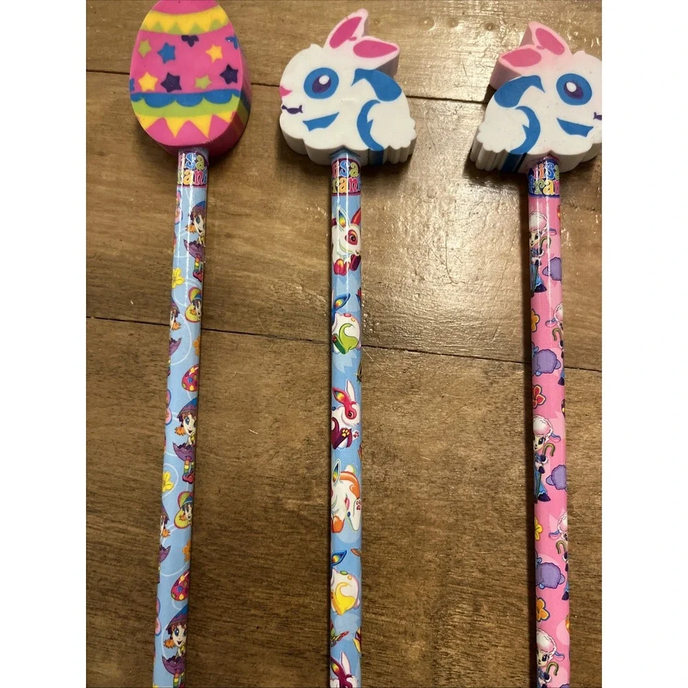Vintage Lisa Frank Lot 6 NOS Pencils With Toppers Chick Egg Bear Egg Flower 90s